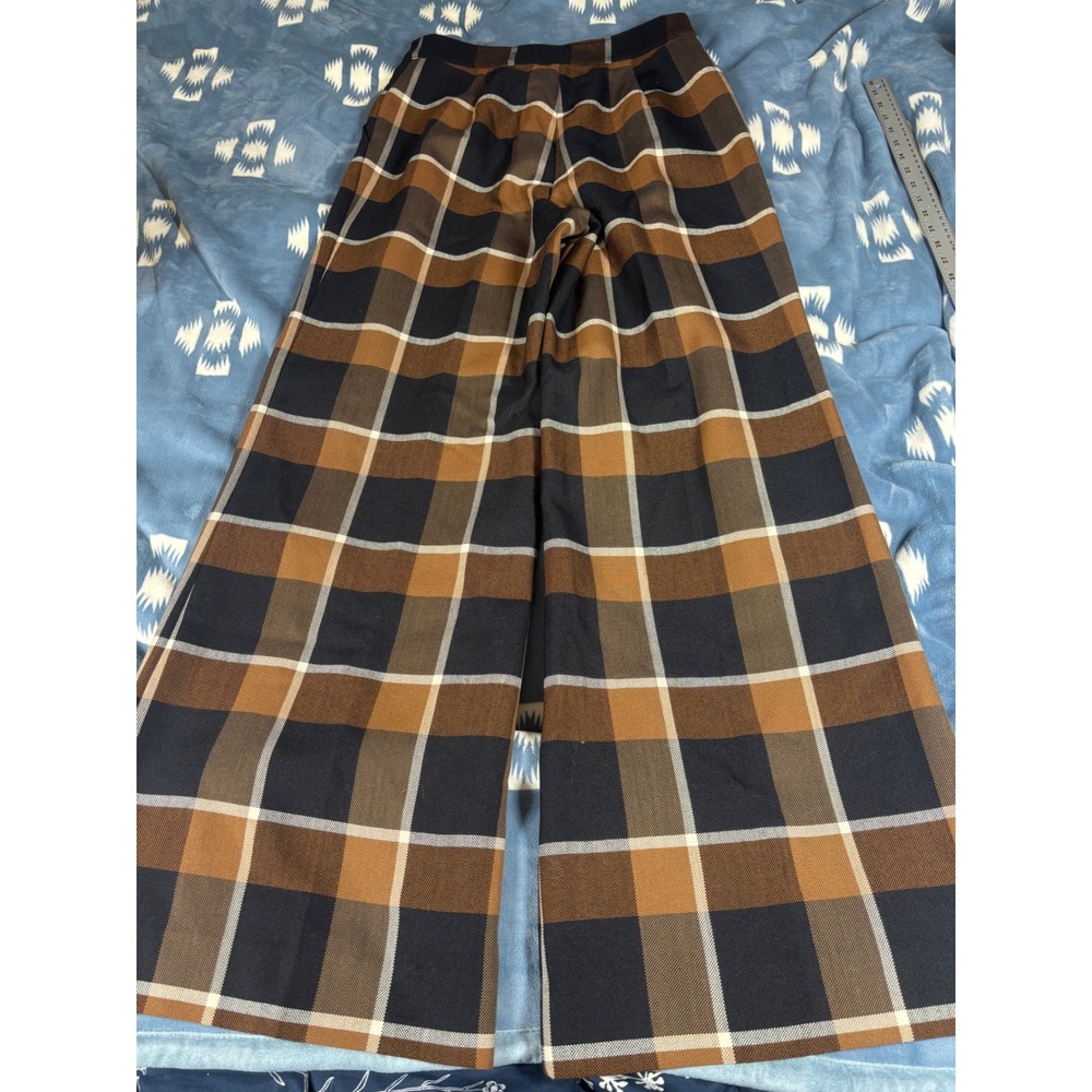Staud Brown Plaid Wide Leg High Waisted Pleated Trousers Pants Size 10 - Picture 12 of 13